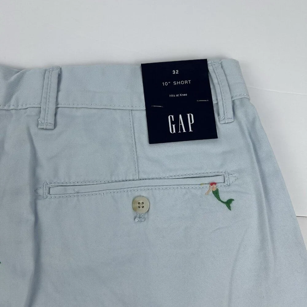 Gap 32 x 10” Light BLue Mermaid All Over Raw Hem Casual Chino Shorts